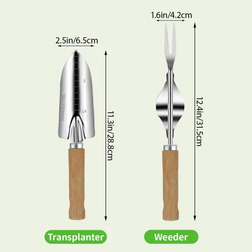 Vista 4 de Juego de herramientas de jardín, 2 piezas de herramientas de jardín de acero inoxidable resistente, kit de jardín con mango ergonómico de madera