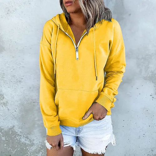 Vista 2 de Sudaderas con capucha y cordón para mujer, estilo casual, con capucha, cuello con cremallera, manga larga, sueltas, Beige