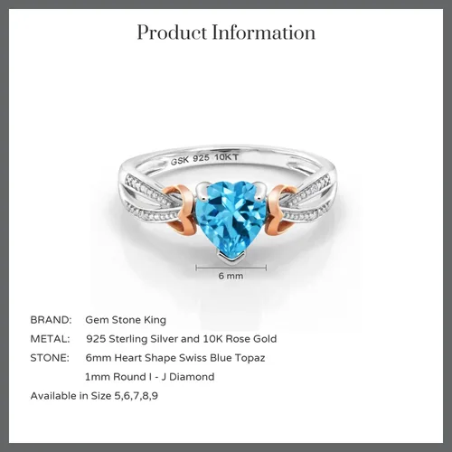 Vista 5 de Gem Stone King Anillo de compromiso con piedra preciosa y diamantes con forma de corazón de 0.236 in Plata 925 y oro rosa de 10 quilates Anillo