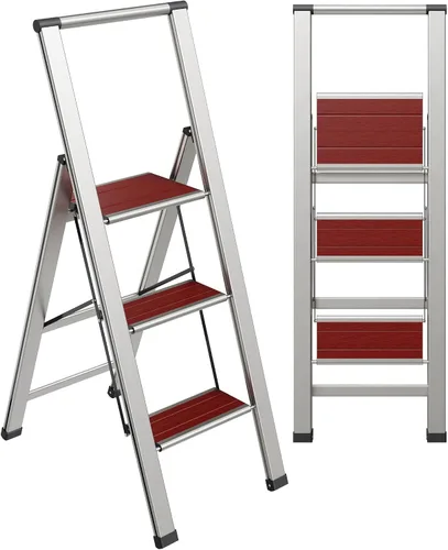 Vista 22 de Escalera de Peldaños de 1 Escalón Plegable, Decorativa - Hermosa Madera Gris y Aluminio Negro, Perfil Ultra Delgado, Peldaños Antideslizantes