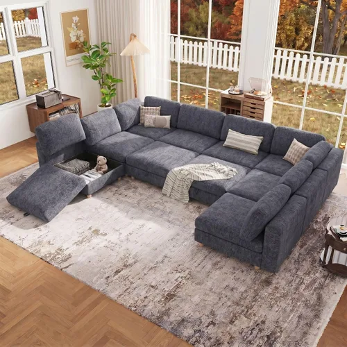 Vista 16 de 95.5" Sofá seccional modular de chenilla con almacenamiento oculto, sofá cama convertible en forma de L y U, sofá seccional moderno de 6 plazas