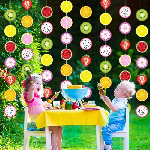 Vista 4 de Duraaamo Paquete de 8 pancartas para fiesta de frutas, guirnalda de papel de Twotti Frutti bailando Frutti, recortes colgantes de papel para verano