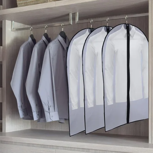 Vista 25 de Bolsas de ropa de 50 pulgadas para colgar ropa, fundas transparentes a prueba de trajes con refuerzos de 4 pulgadas para almacenamiento en armario