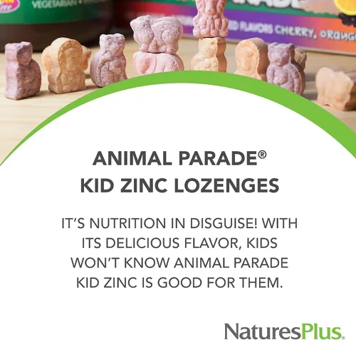 Vista 3 de NaturesPlus Animal Parade KidZinc, sabor a mandarina, 90 pastillas con forma de animal, zinc quelado orgánicamente, vegano, sin gluten, 90 porciones
