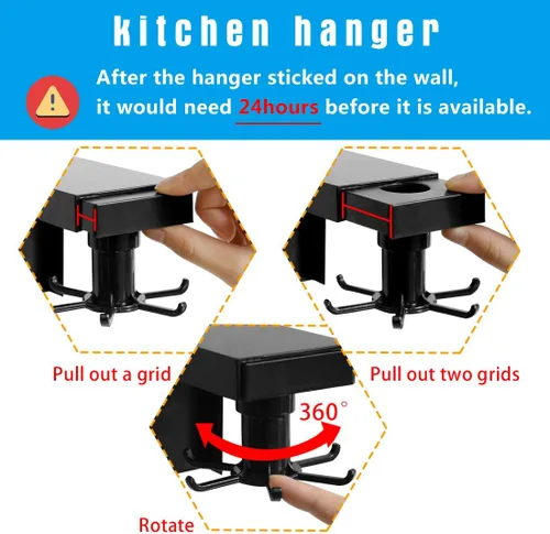Vista 6 de Linkidea Gancho de cocina para gabinete, rotación de 360°, estante colgante de cocina para almacenamiento de utensilios, gancho adhesivo sin uñas