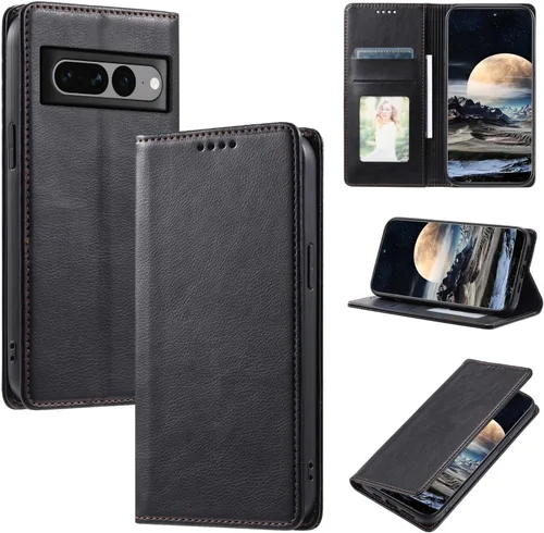 Vista 28 de Funda de cuero compatible con Google Pixel 7, compatible con Google Pixel 7 5G GVU6C GQML3 Flip Folio PU Funda de cuero negro