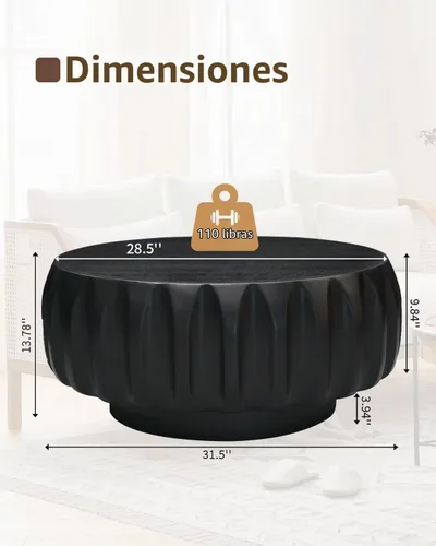 Vista 3 de Mesa de centro de tambor de 31.5 pulgadas, moderna mesa de té acanalada única, mesa de centro redonda de madera contemporánea con mesa central Negro