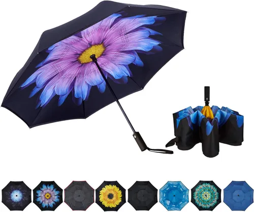 Vista 8 de Paraguas invertido de doble capa, plegado automático, reversible, resistente al viento y a los rayos UV, para lluvia, coche, viaje, al aire libre