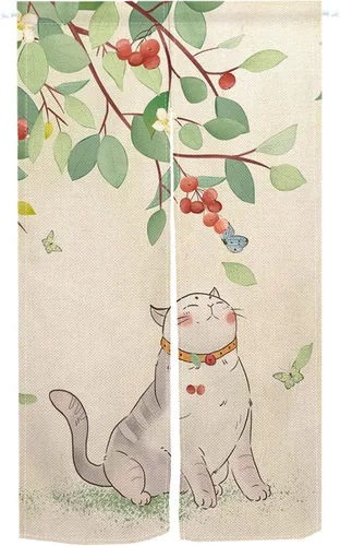 Vista 5 de Leowefowa Cortinas japonesas Noren para puerta, largas japonesas con estampado de gato gordo jugando árboles frutales, cortina para ventana, cortina