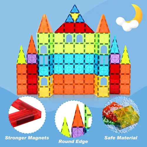 Vista 6 de OugerToy Paquete de 32 Baldosas Magnéticas–Set Constructor Arcoíris, Kit de Construcción STEM de 2.95 pulgadas con Ventanas Transparentes, Amplía
