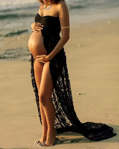 Vista 2 de Wamvp - Vestido de maternidad para sesión de fotos, mujeres embarazadas, encaje con hombros descubiertos, vestido de maternidad para baby shower