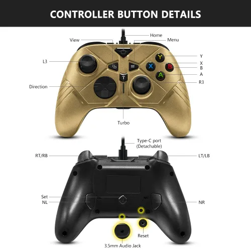 Vista 6 de Control con cable para Xbox con botón trasero, controlador para juegos, doble vibración, joystick compatible con Xbox OneOne XOne SOne Series XS