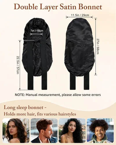 Vista 5 de AWAYTR Gorro largo de satén para mujer, gorro de seda elástica de doble capa para trenzas, gorro de dormir con banda de amarre (negro)