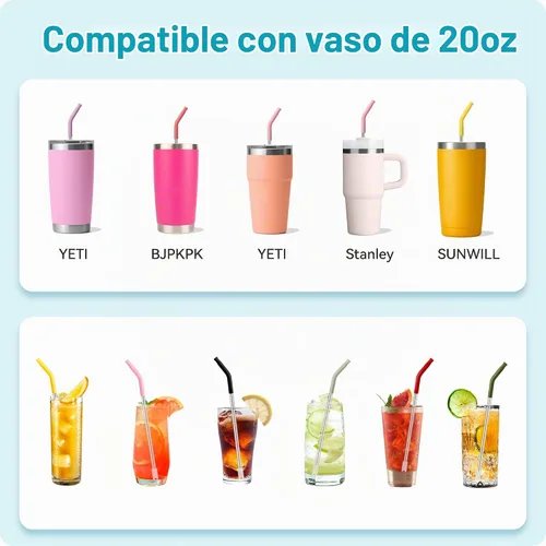 Vista 5 de Pajitas de metal rectas de 20 onzas con punta de silicona para vaso de 20 onzas, popote de metal reutilizable de acero inoxidable para YETI 1