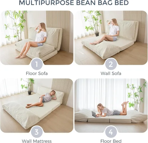 Vista 3 de MAXYOYO Sofá cama plegable, sofá de suelo, silla convertible con funda lavable, sofá de suelo, sillón, puf, cama para sala de estar, beige, 39 x 91