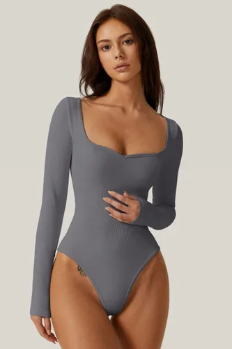 Vista 4 de Meyeeka Body de manga larga con cuello corazón para mujer, sin costuras, básica, elástica