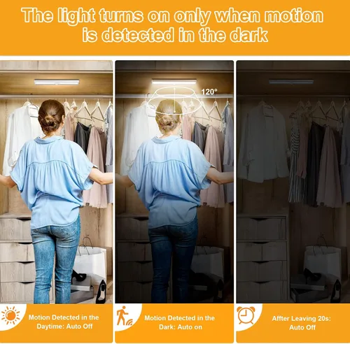 Vista 3 de URPOWER Luz con sensor de movimiento para interiores, luces de armario con sensor de movimiento, funciona con pilas, tira de luces magnéticas