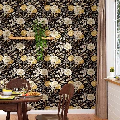 Vista 2 de Papel tapiz floral oscuro, papel tapiz autoadhesivo para despegar y pegar, papel tapiz de vinilo negro bohemio para armarios, papel adhesivo