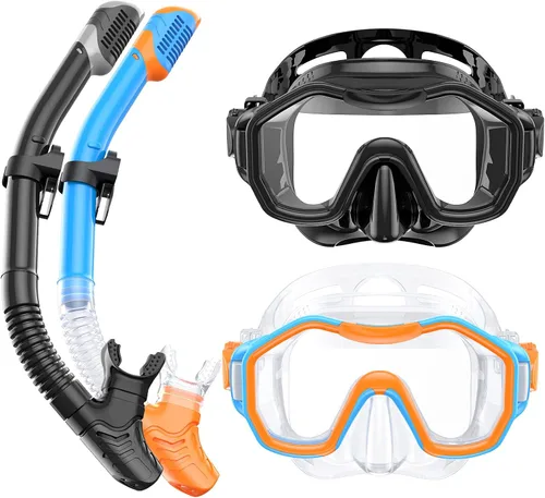 Vista 22 de Equipo de esnórquel para adultos y niños, juego de esnórquel seco con vista panorámica de 180°, máscara de buceo con visión panorámica de 180°