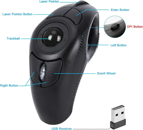 Vista 4 de welspo - Ratón inalámbrico USB de mano con puntero láser y bola de seguimiento (negro) Adecuado tanto para usuarios zurdos como diestros, interfaz