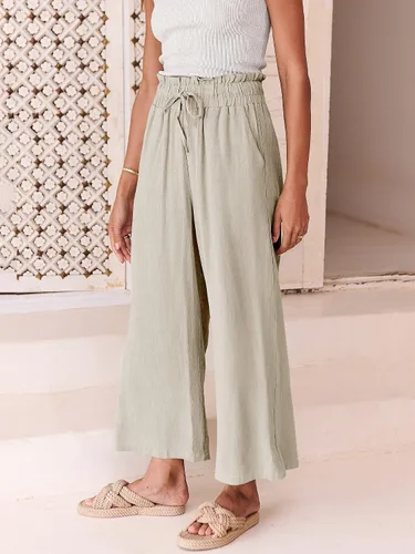 Vista 8 de ANRABESS Pantalones de lino para mujer, estilo casual, holgados, cintura alta, cordón de pierna ancha, pantalones capri palazzo con bolsillos