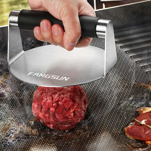 Vista 7 de FANGSUN Prensa de hamburguesas con mango antiquemaduras, triturador de hamburguesas de acero inoxidable de 5.8 pulgadas, prensa redonda