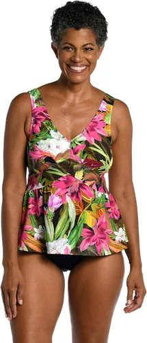 Vista 9 de Maxine of Hollywood Women's Over The Shoulder Empire Tankini Swimsuit Top Negro/ Jardín iluminado por la luna