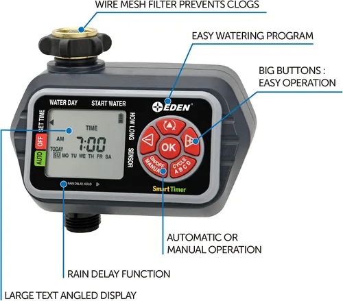 Vista 7 de Eden 93411 Temporizador digital de agua de 1 zona con pantalla LCD, sistema de rociadores programable, riego manual, retardo de lluvia