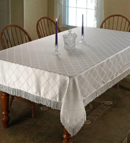 Vista 3 de Violet Linen Mantel con flecos con diseño de damasco de diamante, color beige, cuadrado de 54 x 54 pulgadas
