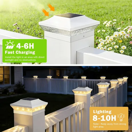Vista 4 de Brightever Luces solares para postes de 3.5 x 3.5 pulgadas, 4 x 4 pulgadas, paquete de 6 luces solares para postes de madera/vinilo, 2 modos Blanco
