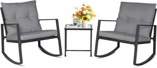 Vista 10 de SUNCROWN - Juego de 3 piezas de muebles de mimbre para exteriores, sillas para el porche, juegos de conversación con mesa de café de cristal