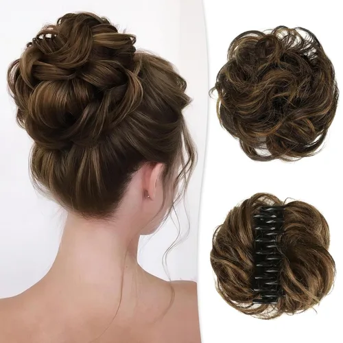 Vista 21 de RUWISS Extensiones de cabello humano real, ondulado y rizado, moño despeinado, cola de caballo para mujer (12H24# castaño rojo/rubio mediano)