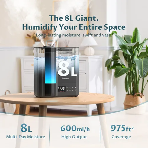 Vista 4 de BREEZOME Humidificadores de 8L para dormitorio, niebla cálida y fría para habitación grande, humidificador ultrasónico de llenado superior, sensor