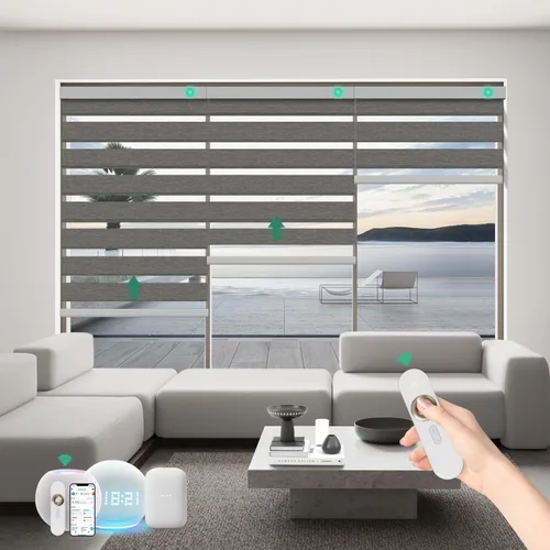 Vista 22 de Persianas motorizadas de cebra con control remoto, funcionan con HomeKit Alexa, cortinas eléctricas automáticas para ventanas, 60% opacas, filtro