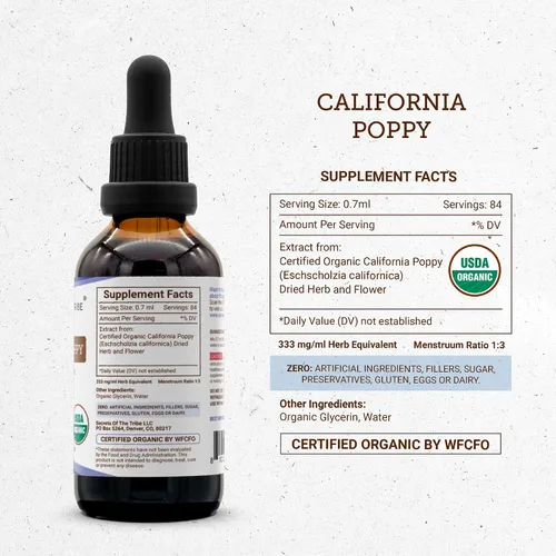 Vista 4 de Secrets of the Tribe California Poppy Tintura Extracto líquido sin alcohol, USDA Organic California Poppy (Eschscholzia Californica) raíz seca