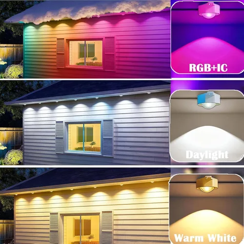 Vista 3 de iYogaled Luces exteriores permanentes para casa, 50 pies de luces de borde exterior inteligentes RGB con 63 modos de escena, luces LED impermeables
