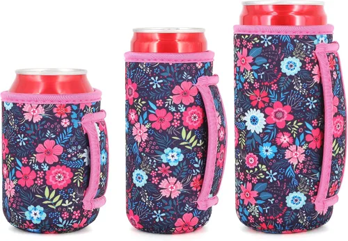 Vista 41 de 3 Pack de fundas aisladas reutilizables de neopreno con asa para soda, bebida energética, refresco, cerveza, seltzer duro, fundas para latas de 12