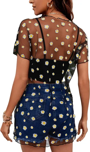 Vista 2 de Romwe Top de manga corta con estampado floral y malla transparente para mujer con ribete de lechuga