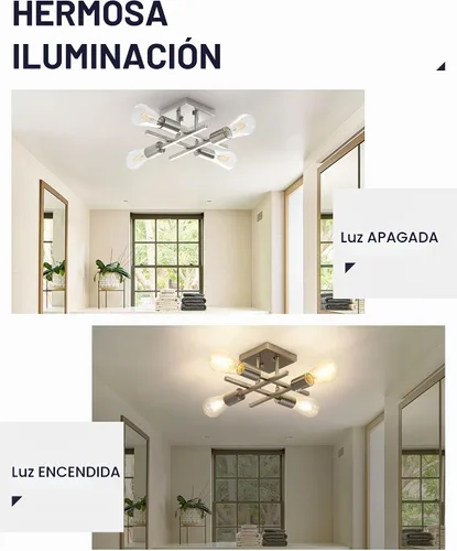 Vista 4 de Lámpara de techo industrial de 4 luces, semiempotrada, moderna lámpara de araña de níquel cepillado, lámpara de techo Sputnik con base de bombilla