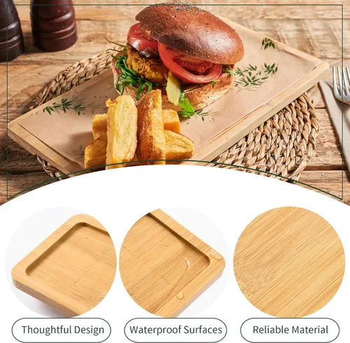 Vista 3 de Paquete de 4 bandejas de bambú rectangulares de bambú para servir té, bordes redondeados, bandeja de madera para mostrador de baño, bandeja de bambú