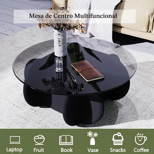 Vista 6 de Mesa de Centro con Tapa de Vidrio Negro, Mesa de Centro Redonda Moderna y Elegante con Patas de Madera Maciza y Superficie de Vidrio Templado