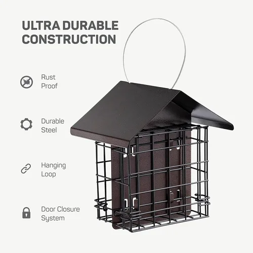 Vista 5 de Comedero para pájaros de sebo para exteriores [doble capacidad] Comedero para pájaros silvestres con techo de metal colgante, comedero de sebo