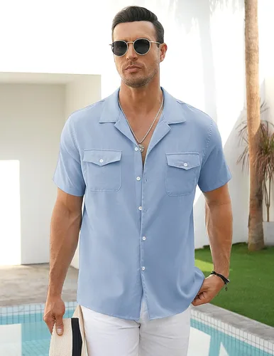 Vista 3 de COOFANDY Men's Linen Short Sleeve Button Down Shirt Casual Cuban Collar Summer Beach Shirts Vacation Essentials