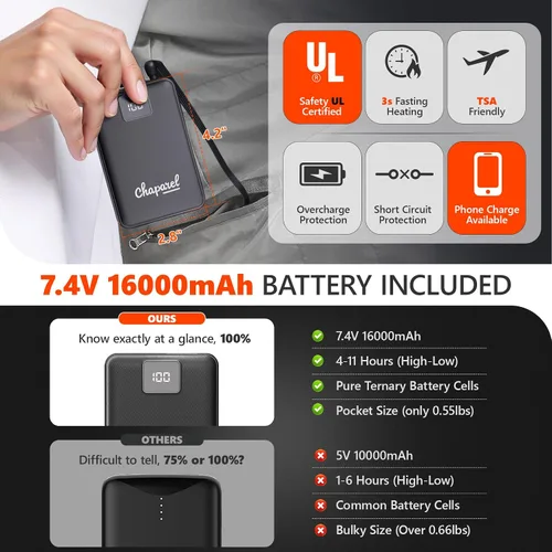 Vista 3 de Chaleco térmico para hombre con batería incluida, chaleco de calefacción eléctrico recargable de 7.4 V, temperatura inteligente. Control