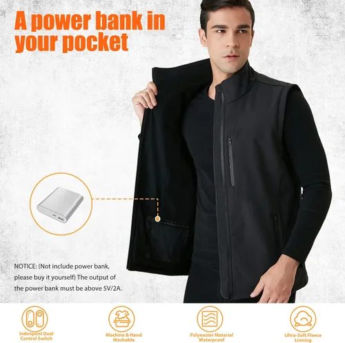 Vista 3 de Chaleco calefactor, chaleco calefactor, recargable, chaqueta calefactora con 3 niveles de calefacción, unisex, batería de ropa no incluida, Negro