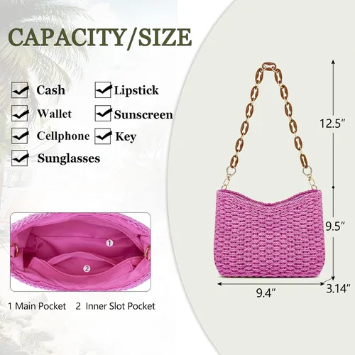 Vista 5 de JYG Bolso de hombro tejido de paja para mujer, pequeño, de verano, playa, viaje, bolso cruzado clásico, bolso de mano