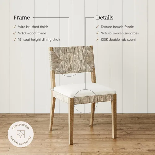 Vista 6 de Nathan James Silla de comedor Beacon Boho, silla de comedor Boucle con acento de fibra de mar y patas de madera maciza, crema Boucle/marrón claro