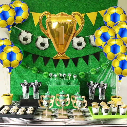 Vista 6 de Juego de 6 globos de fiesta de fútbol, globo de trofeo de campeonato y globos de aluminio de fútbol amarillo azul para cumpleaños, baby shower