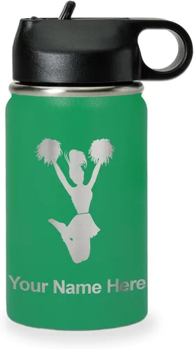 Vista 74 de LaserGram Botella de agua con tapa abatible de doble pared de 12 onzas con pajita, animadora, grabado personalizado incluido (negro)