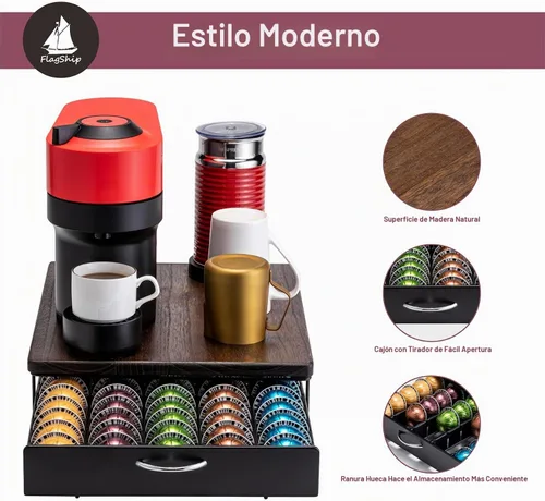 Vista 4 de FlagShip Soporte para cápsulas Nespresso, cajón de cápsulas Vertuo, almacenamiento de cápsulas de café para Vertuo Pod con elegante tapa de madera